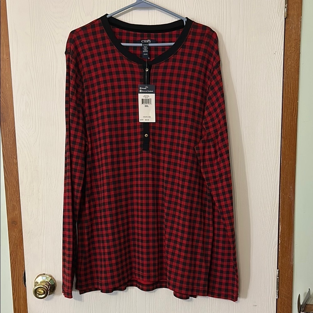 Chaps Red and Black Plaid Henley Long Sleeve Shirt